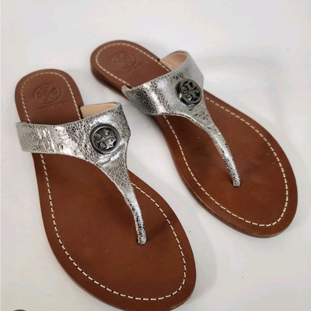 TORY BURCH CAMERON METALLIC GREY THONG FLIP FLOP SIZE 8